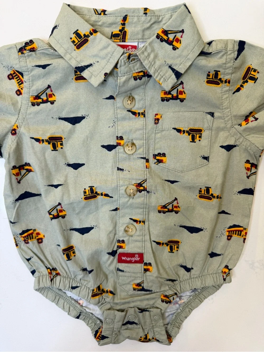 100% Cotton Wrangler Baby Boy 3M Construction Truck Button Down Romper